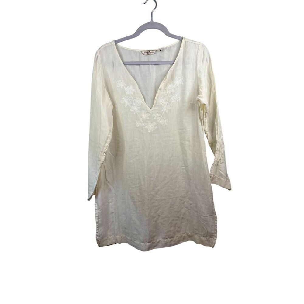 Tommy Bahama Womens Cream Tunic With Embroidered V-Neck Cotton Silk Blend M - Picture 1 of 4